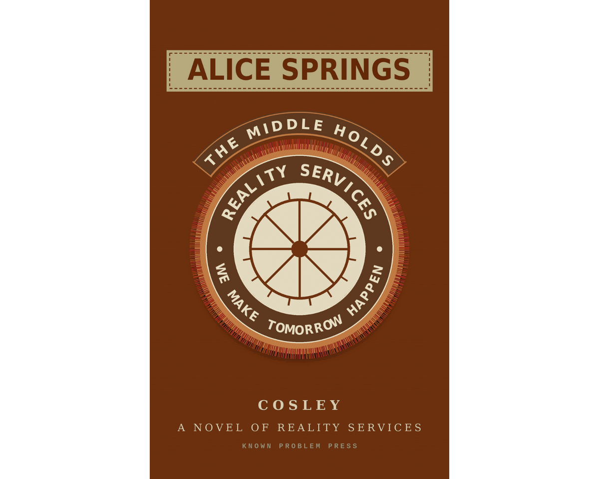 Book cover for 'Alice Springs' by Cosley, featuring a brown background with a central circular emblem and cream-colored text and border details.
