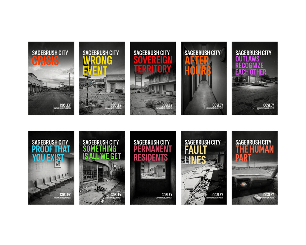 A 2x5 grid of ten book covers titled 'Sagebrush City' series, each with a different colorful subtitle in orange, yellow, green, and purple over black-and-white documentary-style photographs. The author name 'Codrey' is visible on each cover.