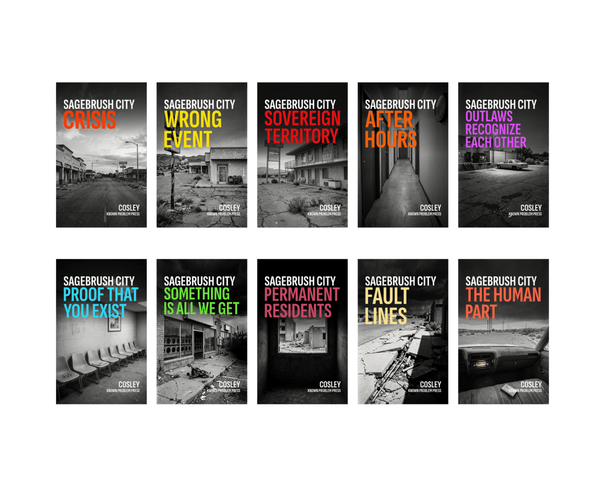 A 2x5 grid of ten book covers titled 'Sagebrush City' series, each with a different colorful subtitle in orange, yellow, green, and purple over black-and-white documentary-style photographs. The author name 'Codrey' is visible on each cover.