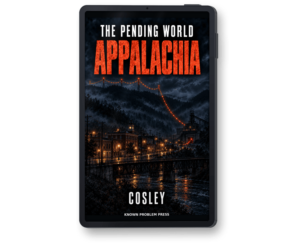 A black tablet device displaying the book cover of 'The Pending World: Appalachia' by Cosley, with Known Problem Press branding at the bottom, shown on a plain white background.
