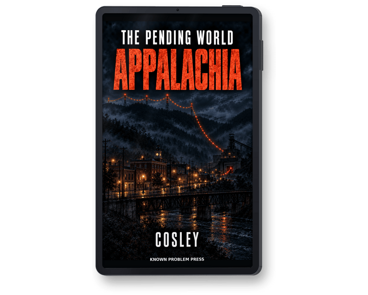 A black tablet device displaying the book cover of 'The Pending World: Appalachia' by Cosley, with Known Problem Press branding at the bottom, shown on a plain white background.