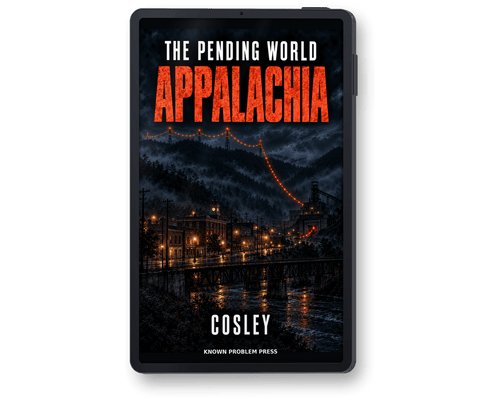 A black tablet device displaying the book cover of 'The Pending World: Appalachia' by Cosley, with Known Problem Press branding at the bottom, shown on a plain white background.