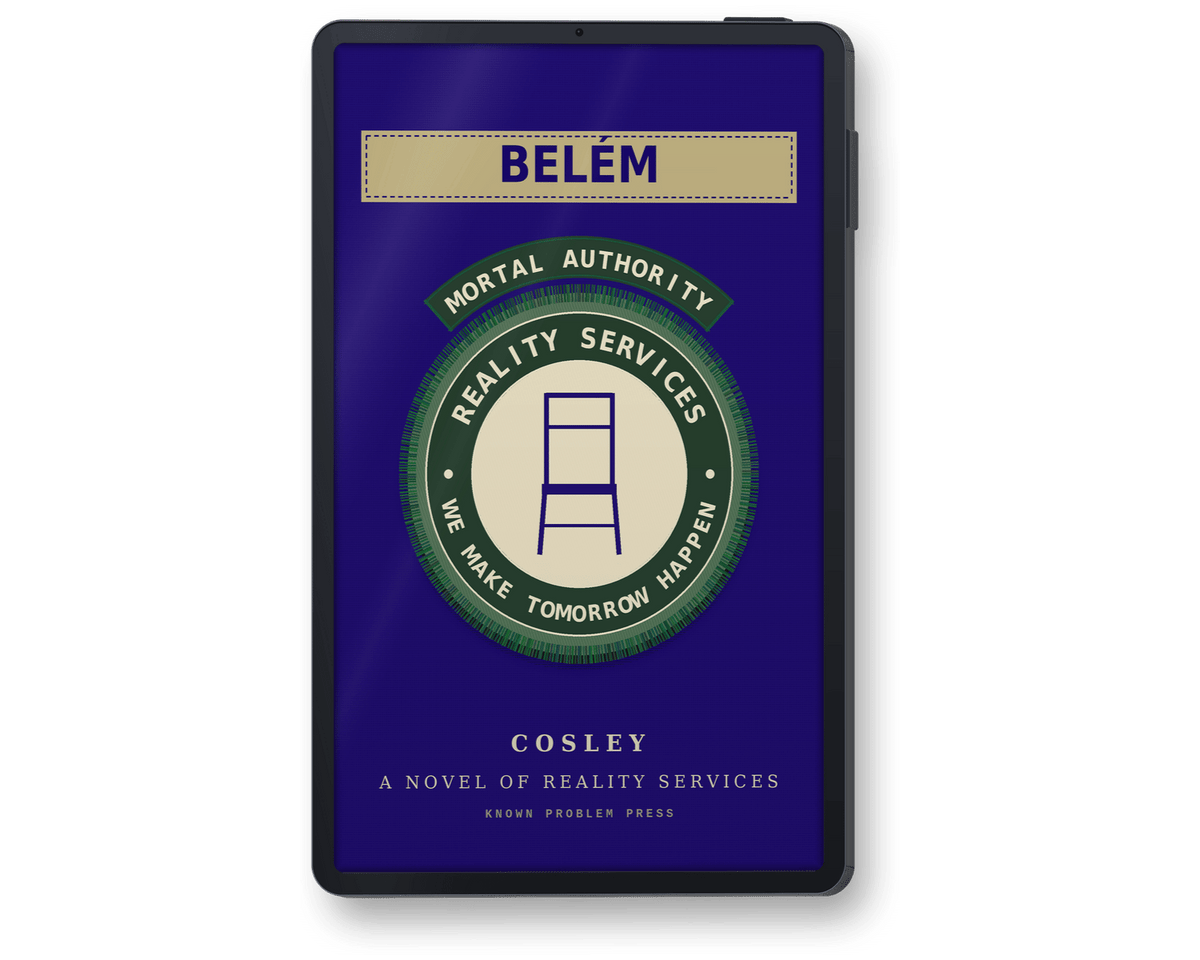 A black e-reader shown upright on a white background, displaying the cover of the novel 'Beläm' by Cosley. The cover features a deep blue background with a circular green and beige logo for 'Mortal Authority Reality Services'.