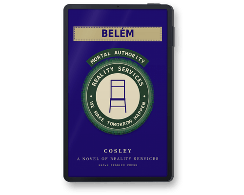 A black e-reader shown upright on a white background, displaying the cover of the novel 'Beläm' by Cosley. The cover features a deep blue background with a circular green and beige logo for 'Mortal Authority Reality Services'.