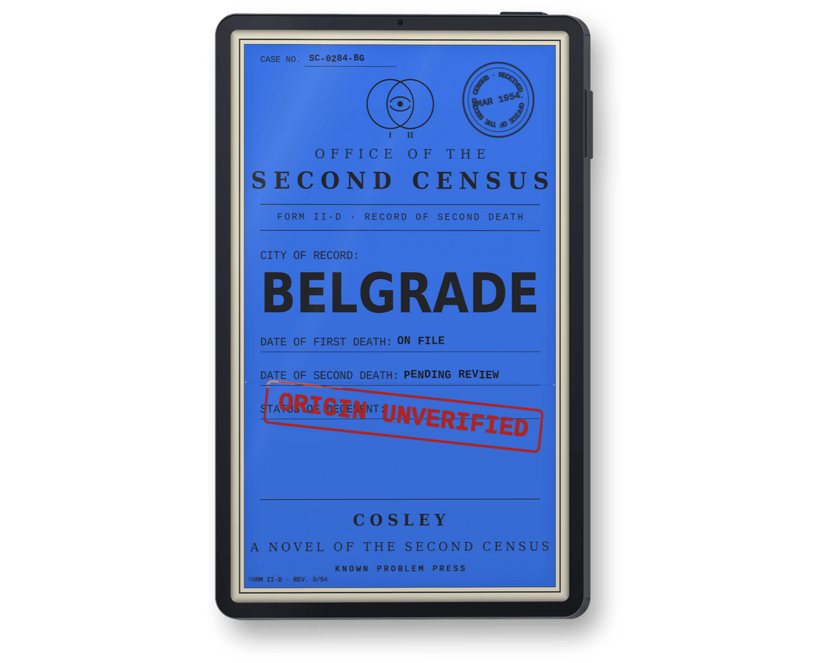 A black e-reader device displaying a blue book cover for 'Belgrade: A Novel of the Second Census' by Cosley, set against a plain white background.