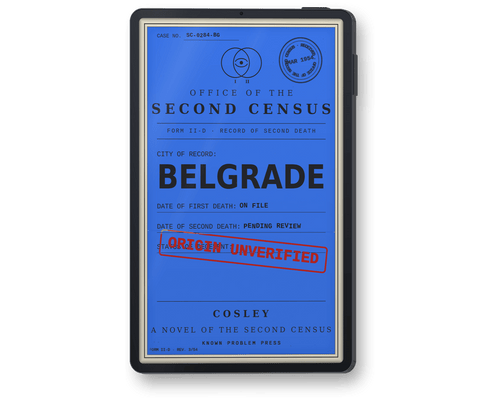 A black e-reader device displaying a blue book cover for 'Belgrade: A Novel of the Second Census' by Cosley, set against a plain white background.