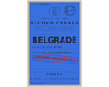 A book cover for 'Belgrade: A Novel of the Second Census' by Mary McCarthy, featuring a blue background with black text and a red 'Origin Unverified' stamp, published by Known Problem Press.