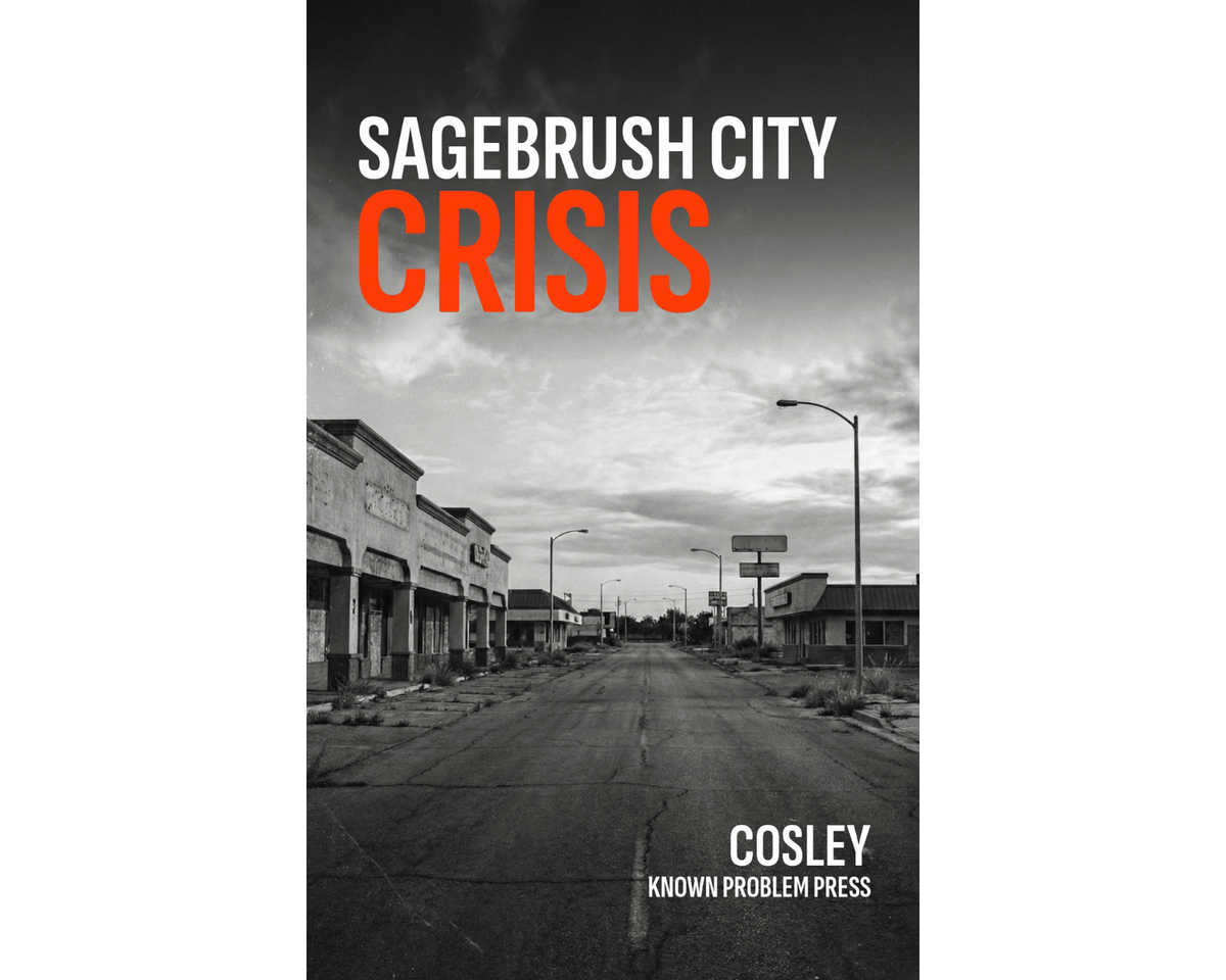 Book cover for 'Sagebrush City Crisis' by Cosley, featuring a black and white photograph of a deserted street with bold orange and white title text.