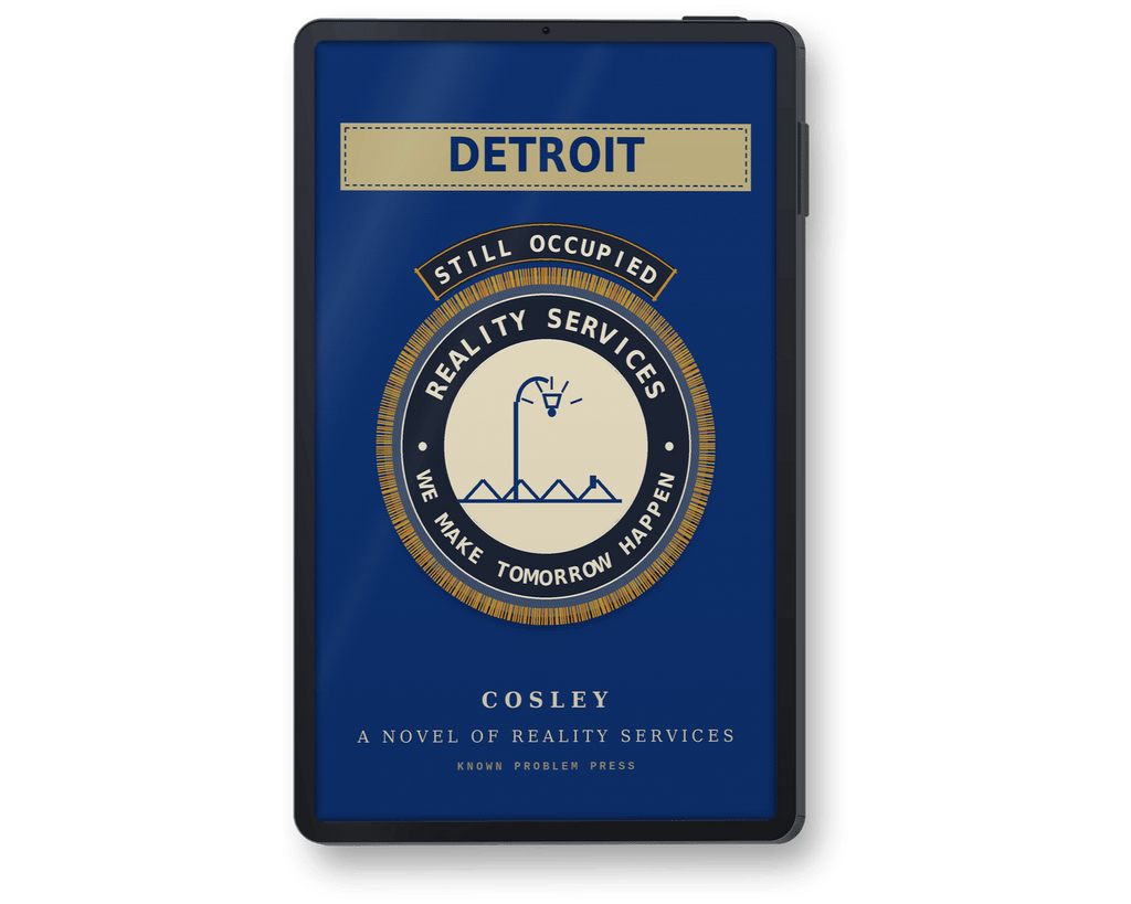 A black e-reader device displaying the book cover of 'Detroit' by Cosley, which features a deep blue background with a circular emblem and gold accents.