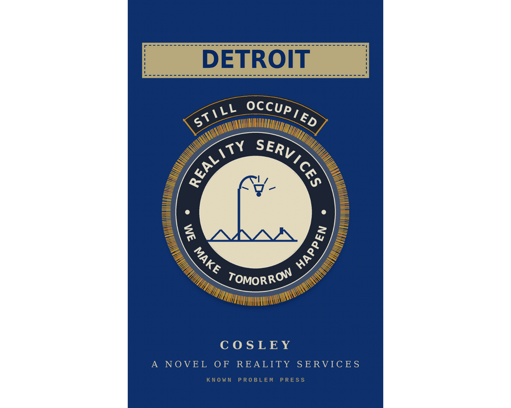 Book cover for 'Detroit' by Cosley, featuring a dark blue background with a central circular emblem in cream and gold, and the title 'DETROIT' at the top.