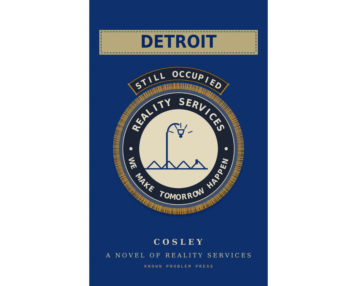 Book cover for 'Detroit' by Cosley, featuring a dark blue background with a central circular emblem in cream and gold, and the title 'DETROIT' at the top.