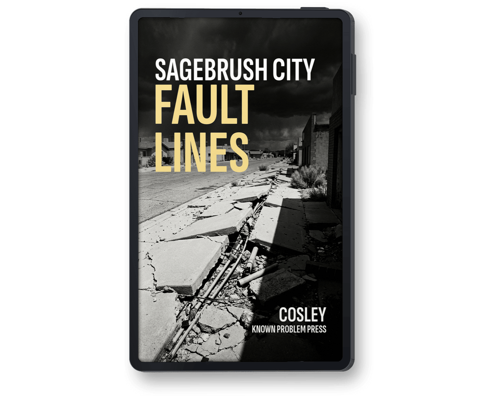 A black rectangular book or ebook cover shown upright on a light gray background. The cover features a black-and-white photograph of cracked pavement and train tracks, with large yellow text reading 'FAULT LINES' and white text reading 'SAGEBRUSH CITY' and 'COSLEY KNOWN PROBLEM PRESS'.