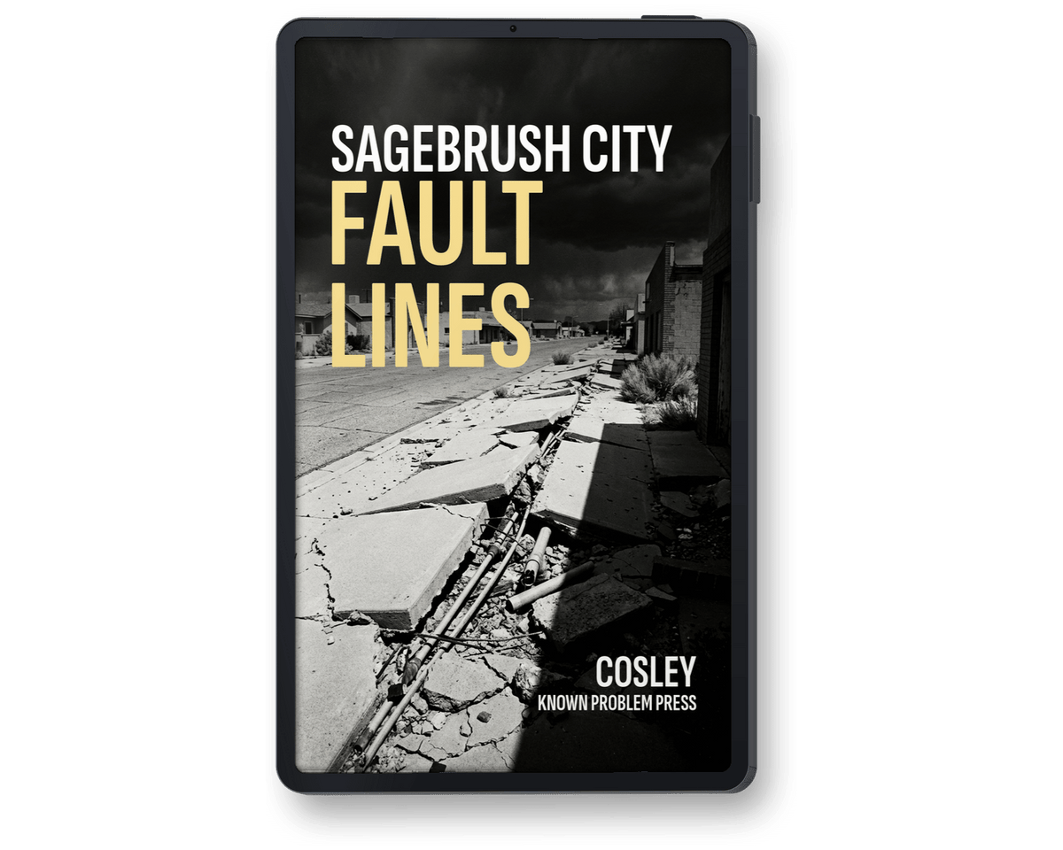 A black rectangular book or ebook cover shown upright on a light gray background. The cover features a black-and-white photograph of cracked pavement and train tracks, with large yellow text reading 'FAULT LINES' and white text reading 'SAGEBRUSH CITY' and 'COSLEY KNOWN PROBLEM PRESS'.
