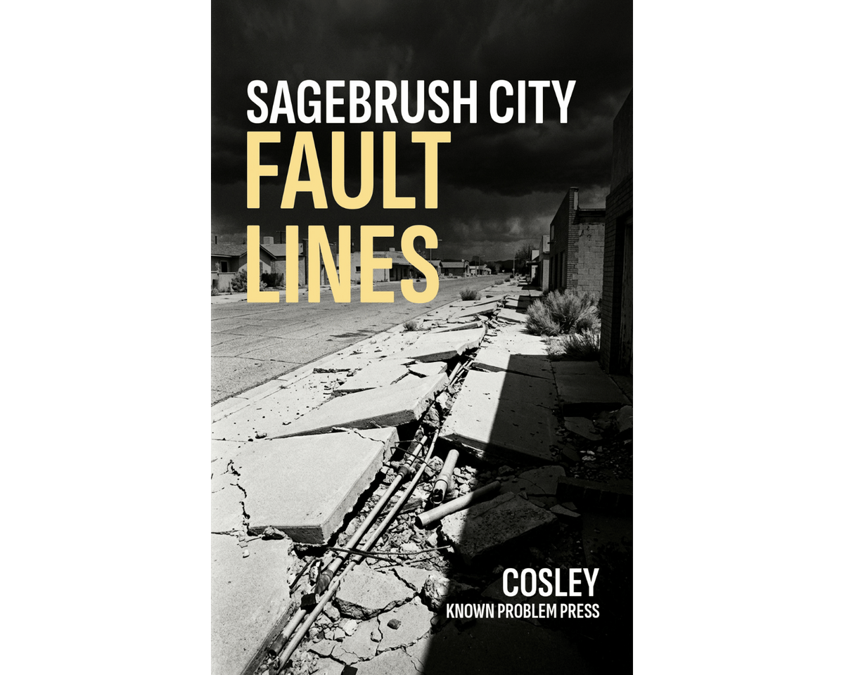Book cover for 'Sagebrush City Fault Lines' by Cosley, published by Known Problem Press. The cover features a dramatic black and white photograph of cracked concrete and debris on a street, with the title in bold white and yellow text.