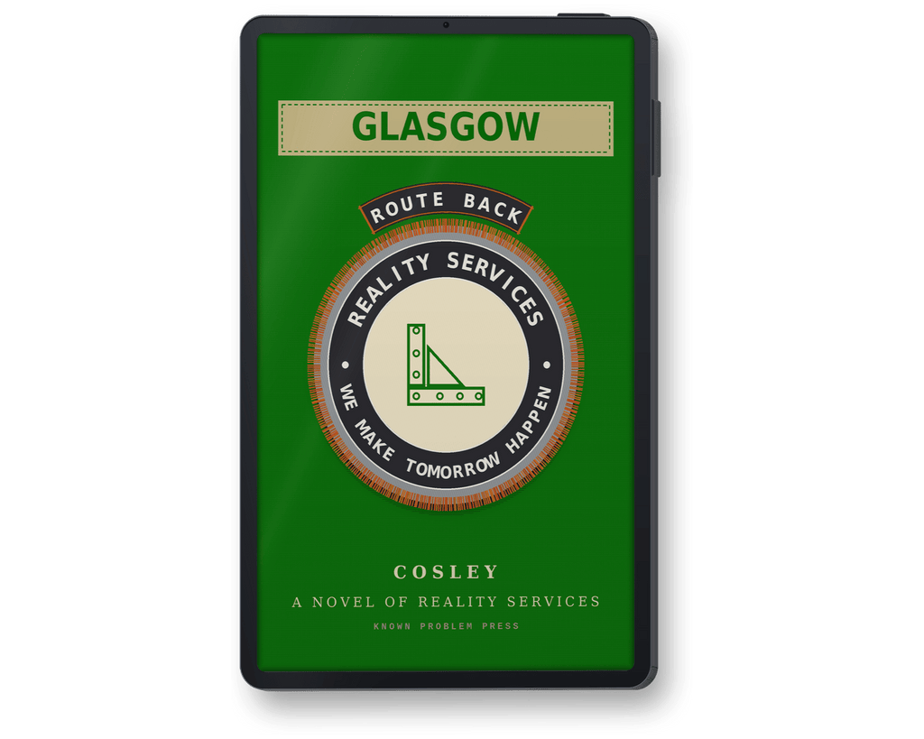 A black e-reader showing book 'Glasgow: A Novel of Reality Services' by Cosley, published by Known Problem Press, shown standing upright against a white background.