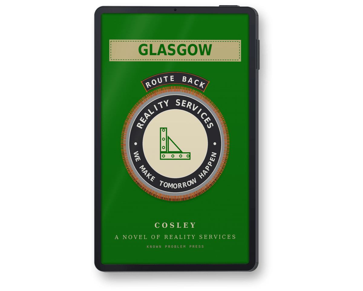 A black e-reader showing book 'Glasgow: A Novel of Reality Services' by Cosley, published by Known Problem Press, shown standing upright against a white background.