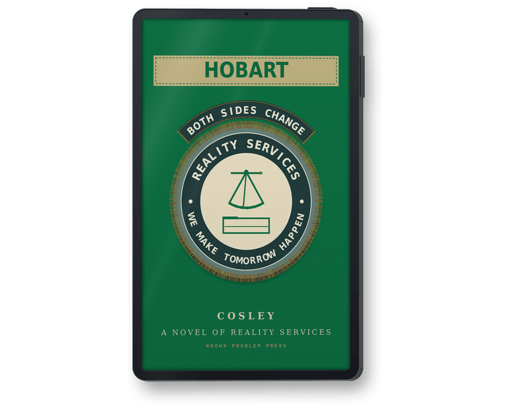 A black e-reader shown upright against a plain white background. The front cover is dark green with a large circular emblem in beige, gray, and green, plus the title text 'HOBART' at the top by the author Cosley
