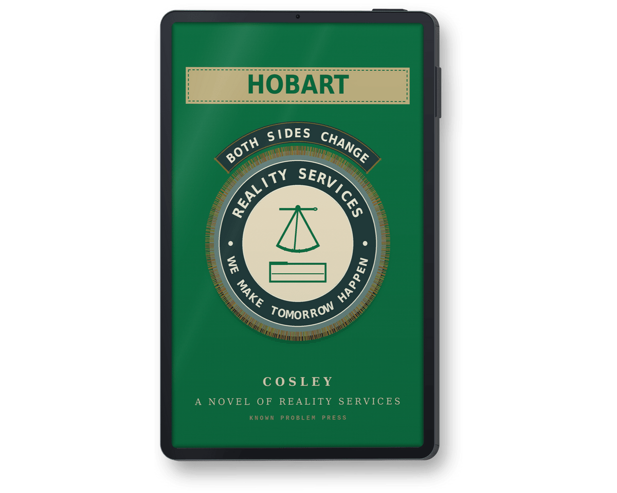 A black e-reader shown upright against a plain white background. The front cover is dark green with a large circular emblem in beige, gray, and green, plus the title text 'HOBART' at the top by the author Cosley