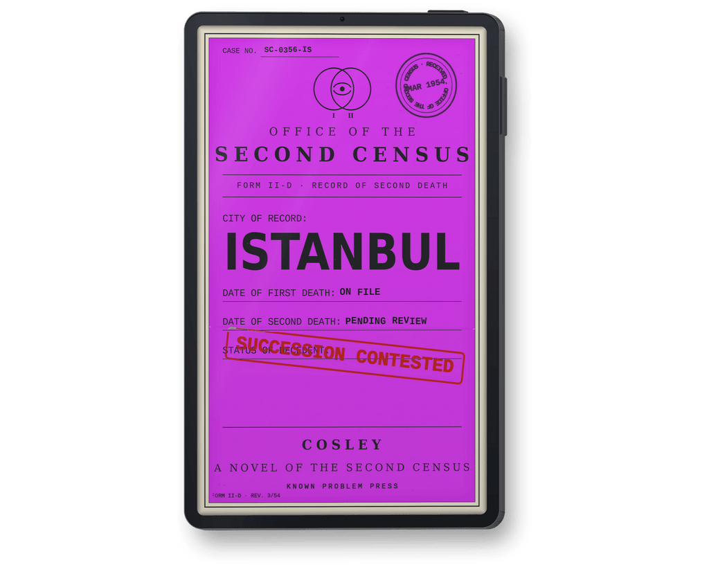 A black tablet device displaying a purple document-style cover with the title 'Istanbul' and text including 'Office of the Second Census' and 'Cosley'.