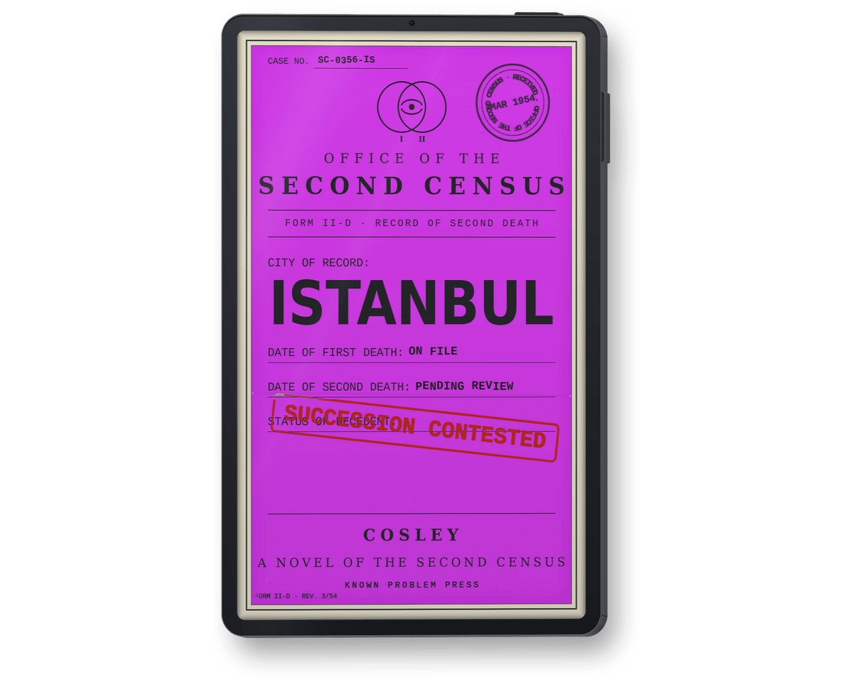A black tablet device displaying a purple document-style cover with the title 'Istanbul' and text including 'Office of the Second Census' and 'Cosley'.
