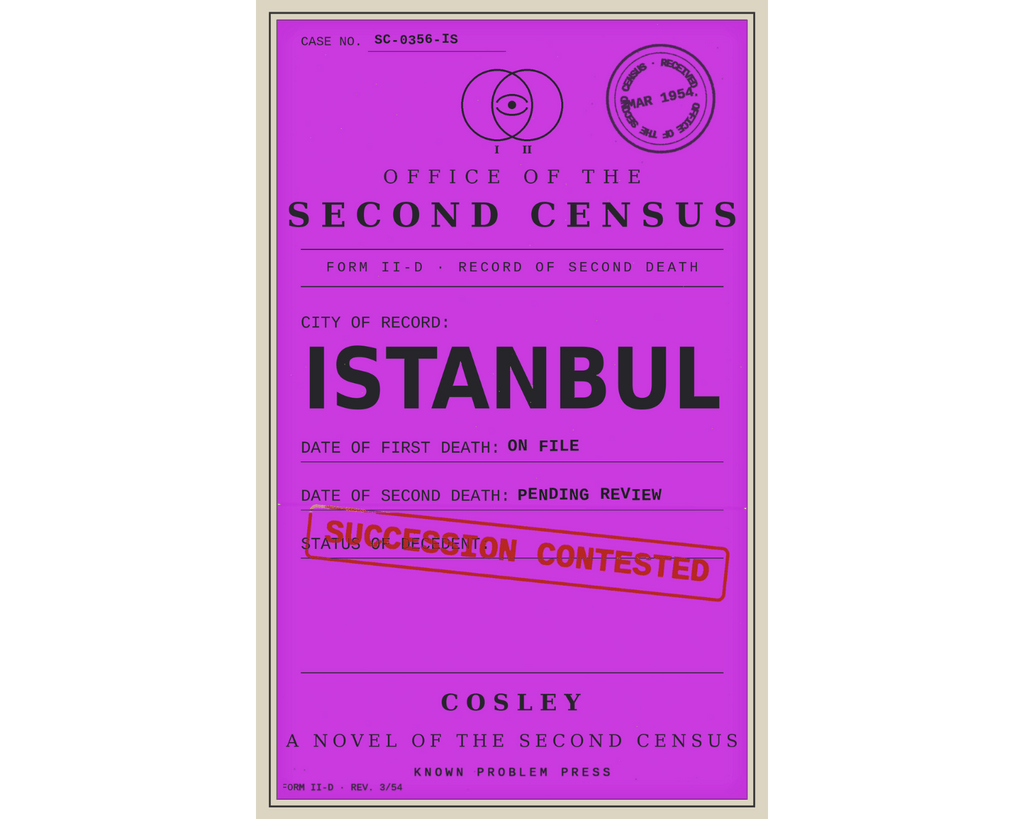 A book cover for 'Istanbul: A Novel of the Second Census' by Cosley, featuring a vibrant magenta background with dark purple text and a red stamped 'SUCCESSION CONTESTED' seal.