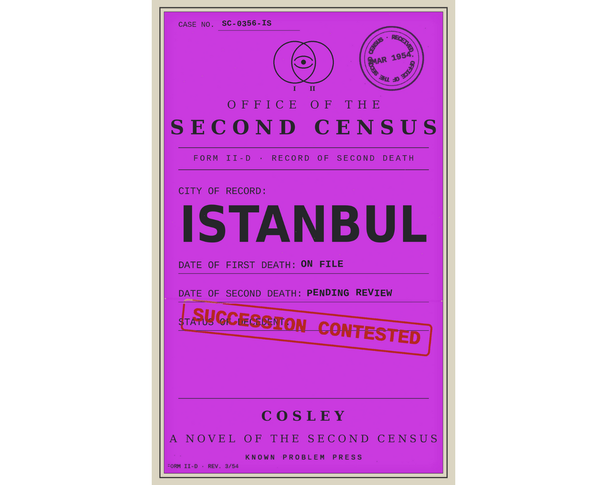 A book cover for 'Istanbul: A Novel of the Second Census' by Cosley, featuring a vibrant magenta background with dark purple text and a red stamped 'SUCCESSION CONTESTED' seal.