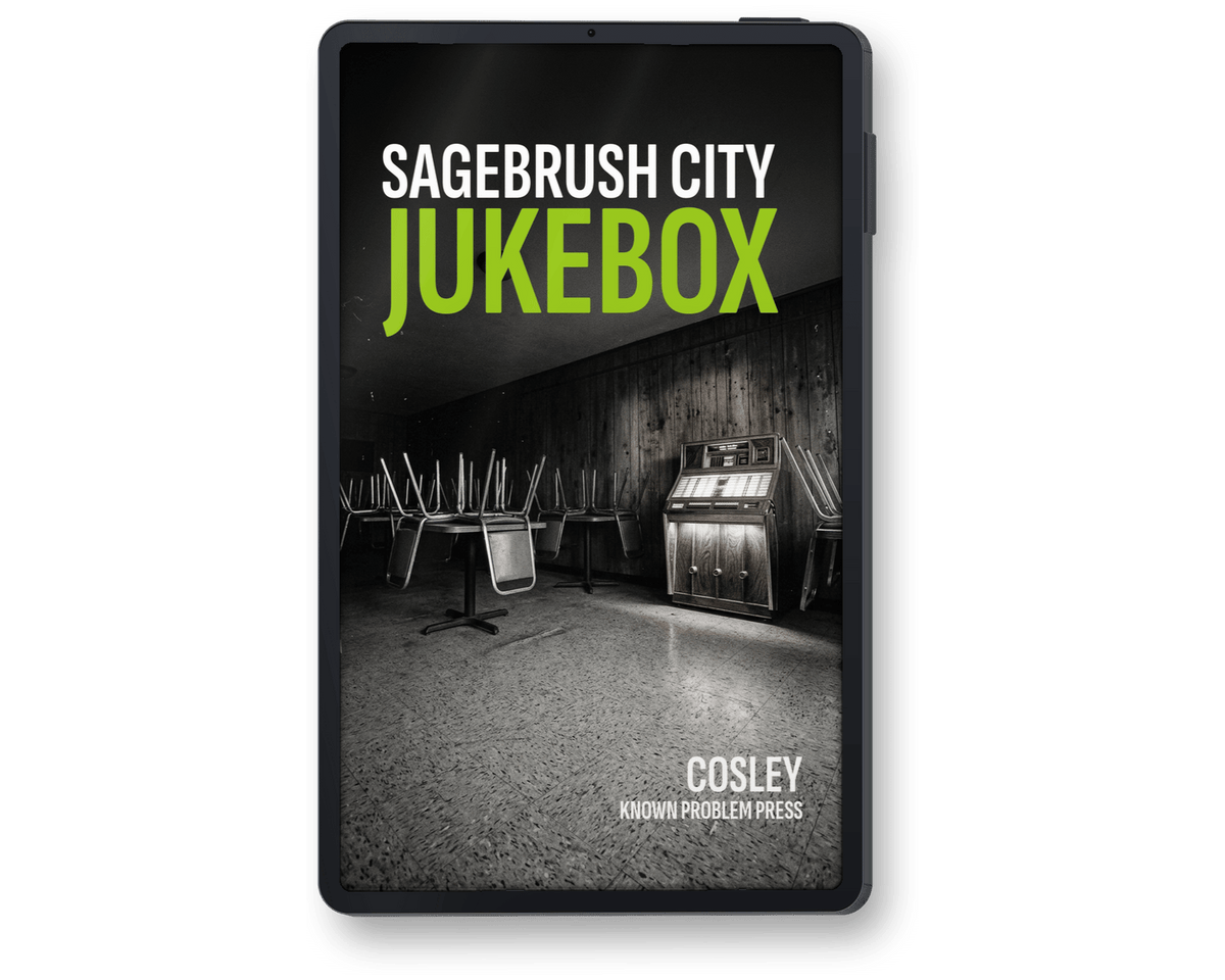 A black rectangular media device, likely an audiobook or ebook player, shown upright on a white background. The screen displays the cover art for 'Sagebrush City Jukebox' by Cosley, published by Known Problem Press.