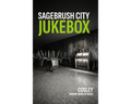 Book cover for 'Sagebrush City Jukebox' by Cosley, published by Known Problem Press. The cover features a black and white photograph of an empty, dimly lit jukebox room with stacked chairs, with the title in bold white and lime green text at the top.