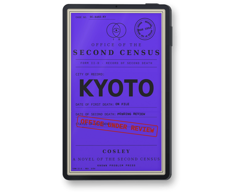 A black handheld device with a purple screen displaying a document-style design that reads 'OFFICE OF THE SECOND CENSUS', 'KYOTO', and 'A NOVEL OF THE SECOND CENSUS' by Cosley, with a red 'OFFICE UNDER REVIEW' stamp. The device is centered on a plain white background.