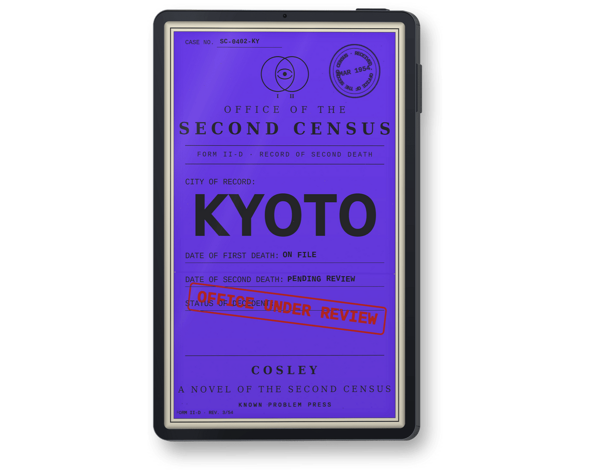 A black handheld device with a purple screen displaying a document-style design that reads 'OFFICE OF THE SECOND CENSUS', 'KYOTO', and 'A NOVEL OF THE SECOND CENSUS' by Cosley, with a red 'OFFICE UNDER REVIEW' stamp. The device is centered on a plain white background.