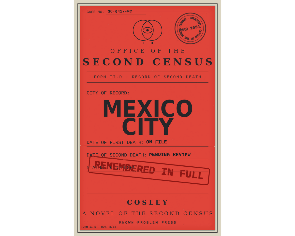 A vintage-style red document cover for the book 'Mexico CIty' by Cosley, featuring black text and stamps, photographed against a light gray background.