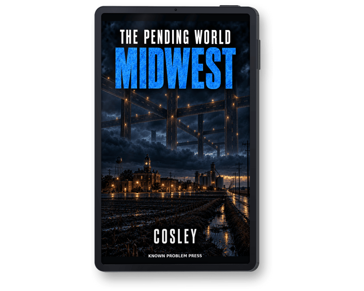 A black tablet device centered on a light gray background, displaying the book cover for 'The Pending World: Midwest' by Cosley, published by Known Problem Press.