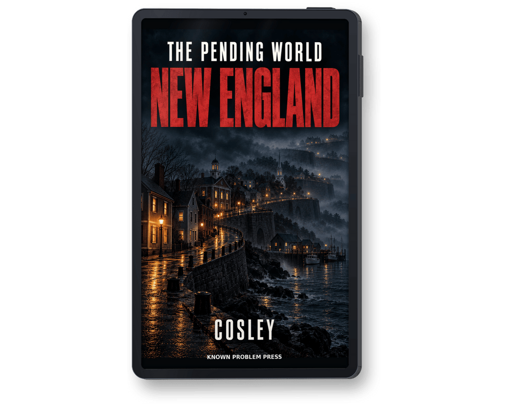 A black tablet device displaying the book cover of 'The Pending World: New England' by Cosley, with a dark coastal village scene and large red title text, shown on a plain white background.