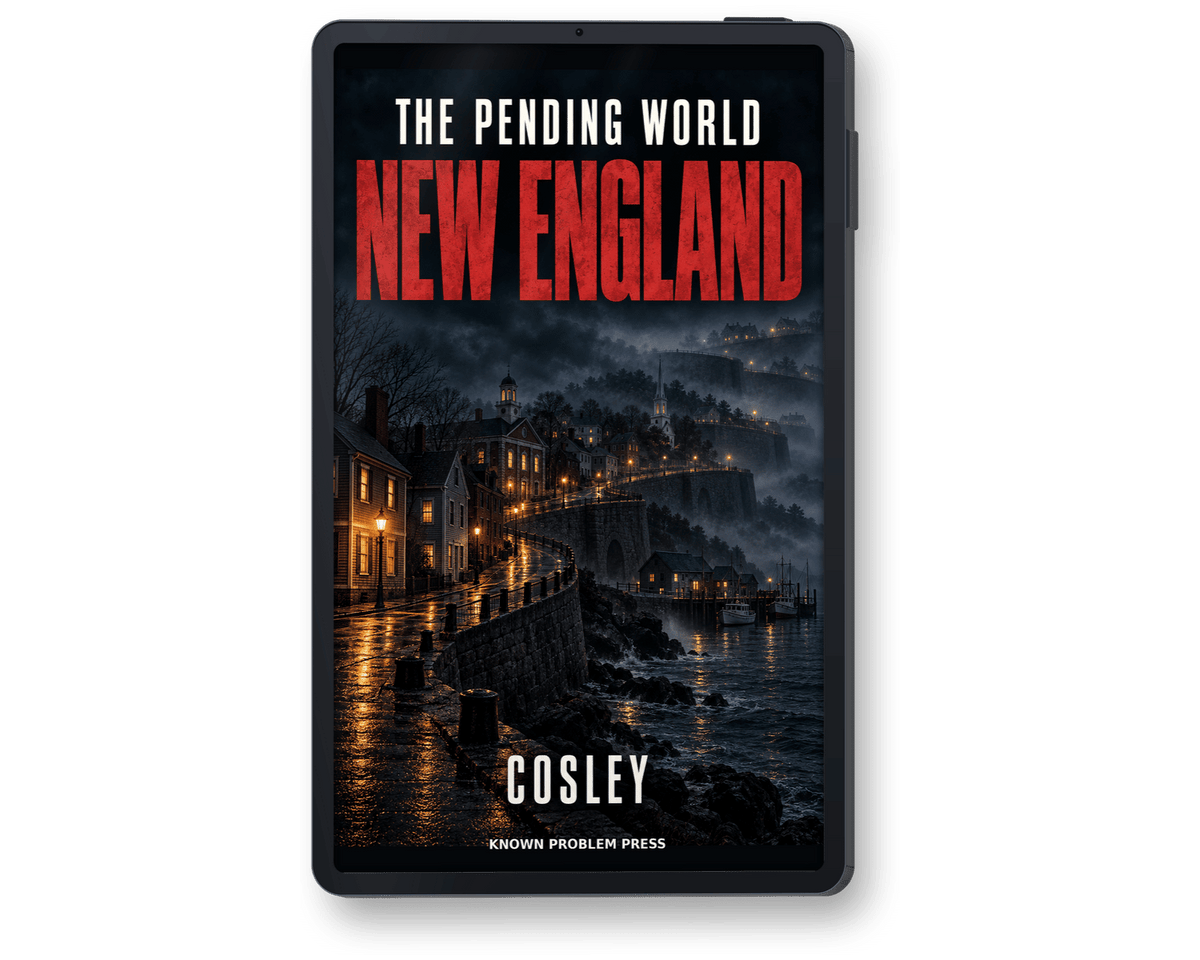A black tablet device displaying the book cover of 'The Pending World: New England' by Cosley, with a dark coastal village scene and large red title text, shown on a plain white background.