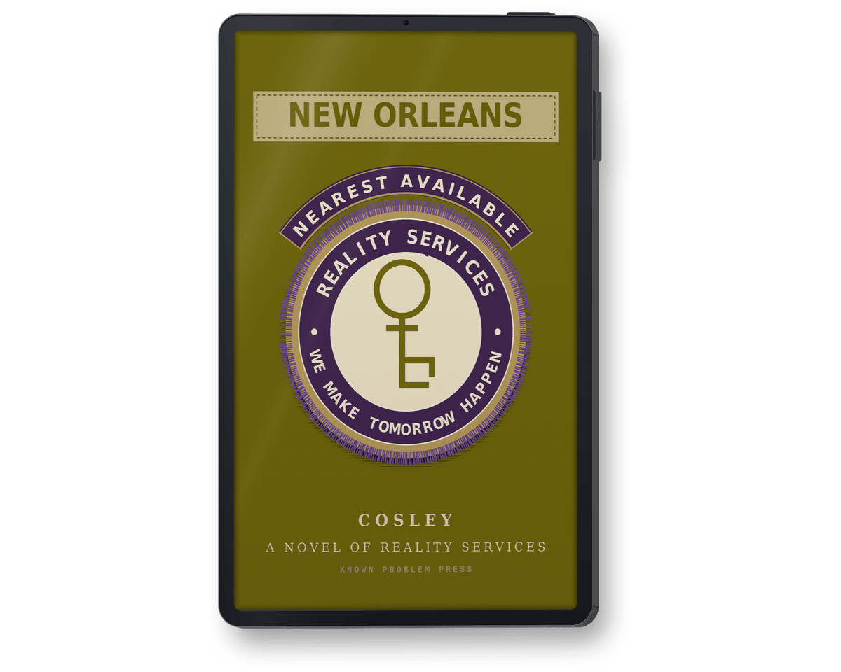 A black e-reader shown upright on a white background, displaying the cover of the novel "New Orleans: A Novel of Reality Services" by Cosley. The cover is olive green with a large circular emblem in cream, purple, and olive green.