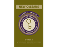 Book cover for 'New Orleans: A Novel of Reality Services' by Cosley, featuring an olive green background with a central circular emblem in purple, cream, and olive green.