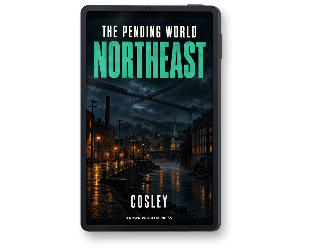 A black tablet device displaying the book cover for 'The Pending World of Northeast' by Cosley, published by Known Problem Press. The cover features a dark, moody night scene of a canal city with illuminated buildings and a bridge, with the title 'NORTHEAST' in large teal letters.