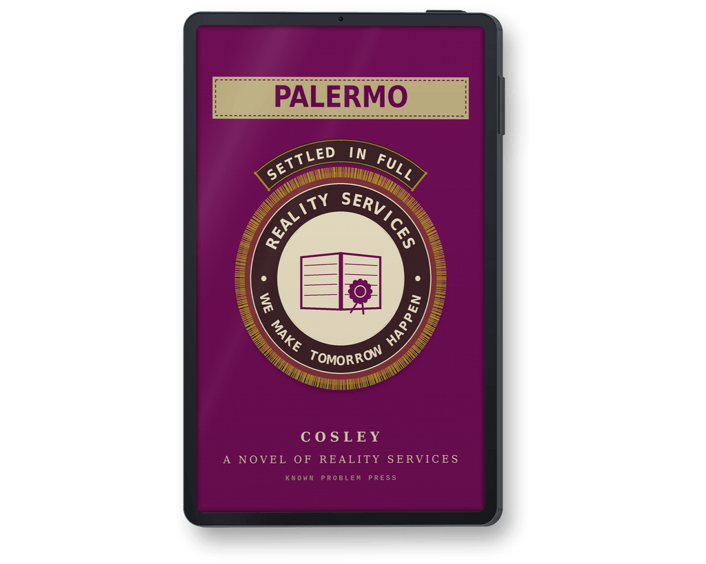 A black e-reader shown upright on a white background, displaying the cover of the novel 'Palermo' by Cosley. The cover has a deep purple background with a circular emblem in beige, brown, and white.