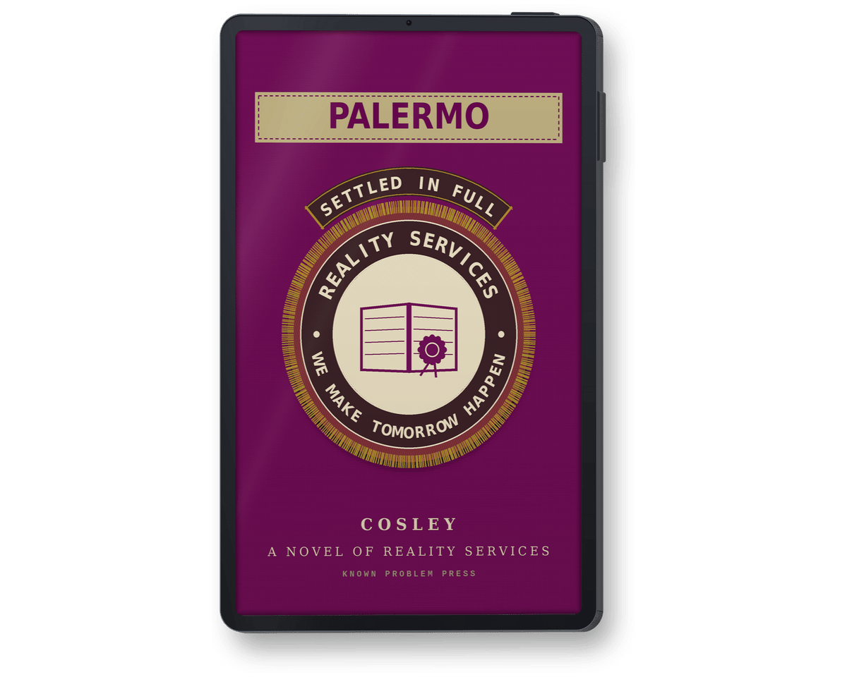 A black e-reader shown upright on a white background, displaying the cover of the novel 'Palermo' by Cosley. The cover has a deep purple background with a circular emblem in beige, brown, and white.