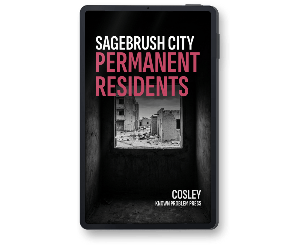 A black hardcover book or digital cover mockup standing upright on a white background. The cover has the title 'SAGEBRUSH CITY PERMANENT RESIDENTS' in white and pink text over a dark interior scene with a window view, and the author name 'COSLEY' with 'KNOWN PROBLEM PRESS' below.