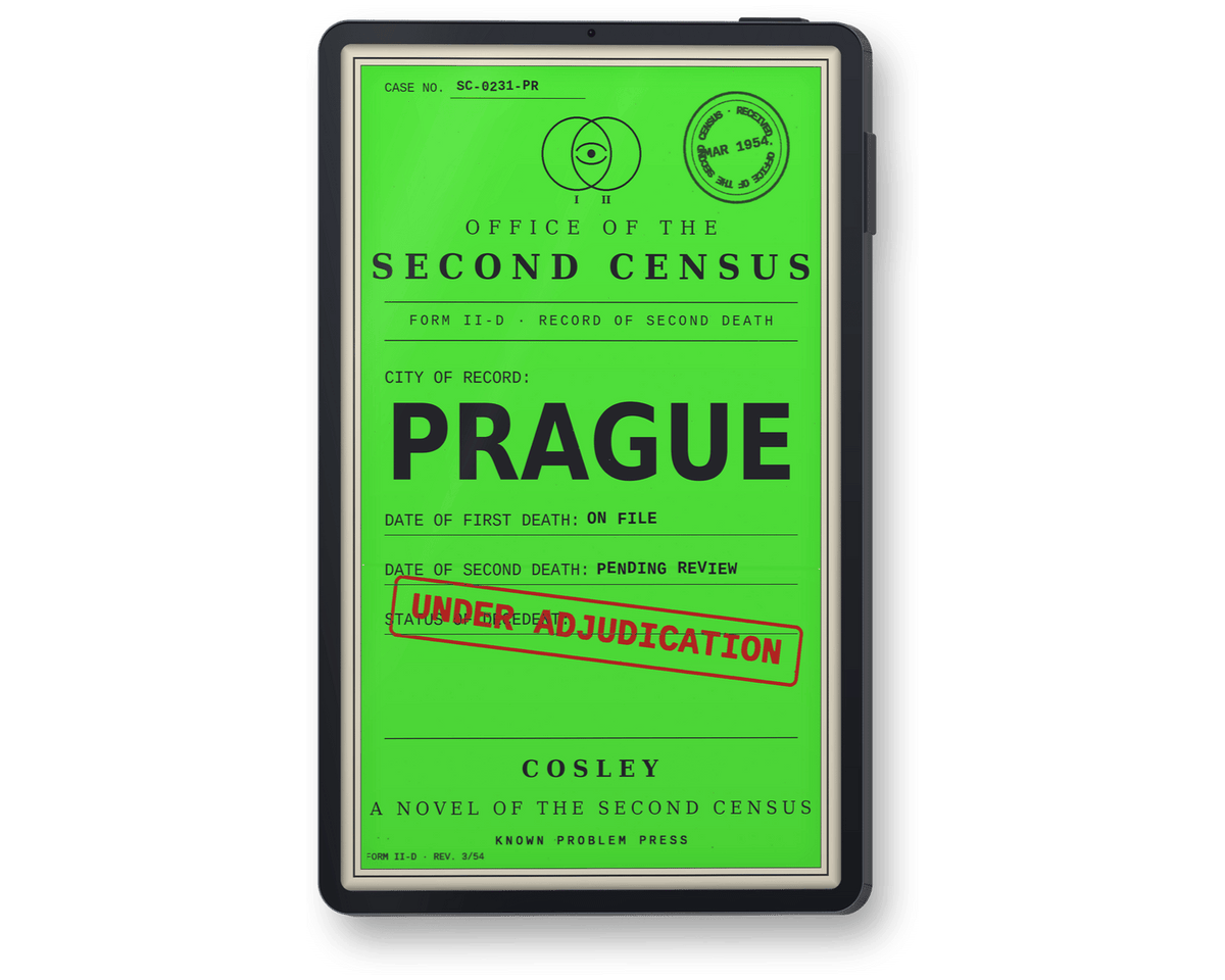 A black e-reader or tablet device displaying a bright green book cover for 'Prague' by Cosley, with a red 'Under Adjudication' stamp, shown against a plain white background.