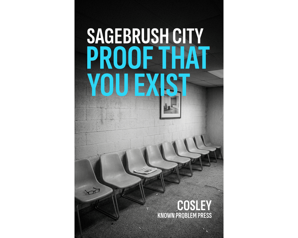 Book cover for 'Sagebrush City Proof That You Exist' by Cosley, featuring a black and white photograph of empty plastic chairs in a waiting room with bold cyan and white text.