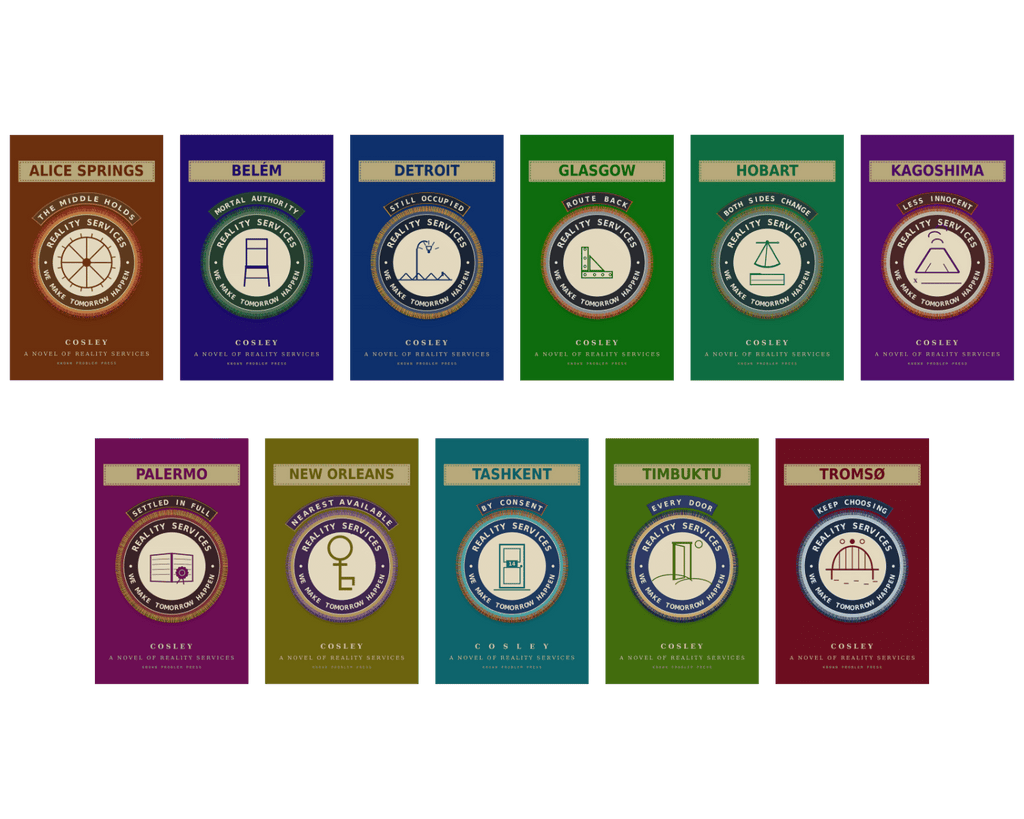 A set of 11 book covers in two rows on a plain white background. Each cover is a book in the Reality Services series by Cosley and has a different vibrant color and features a circular emblem with a city name and a small icon representing that location, such as Alice Springs, Belem, Detroit, Glasgow, Hobart, Kagoshima, Palermo, New Orleans, Tashkent, Timbuktu, and Tromso.