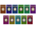A set of 11 book covers in two rows on a plain white background. Each cover is a book in the Reality Services series by Cosley and has a different vibrant color and features a circular emblem with a city name and a small icon representing that location, such as Alice Springs, Belem, Detroit, Glasgow, Hobart, Kagoshima, Palermo, New Orleans, Tashkent, Timbuktu, and Tromso.