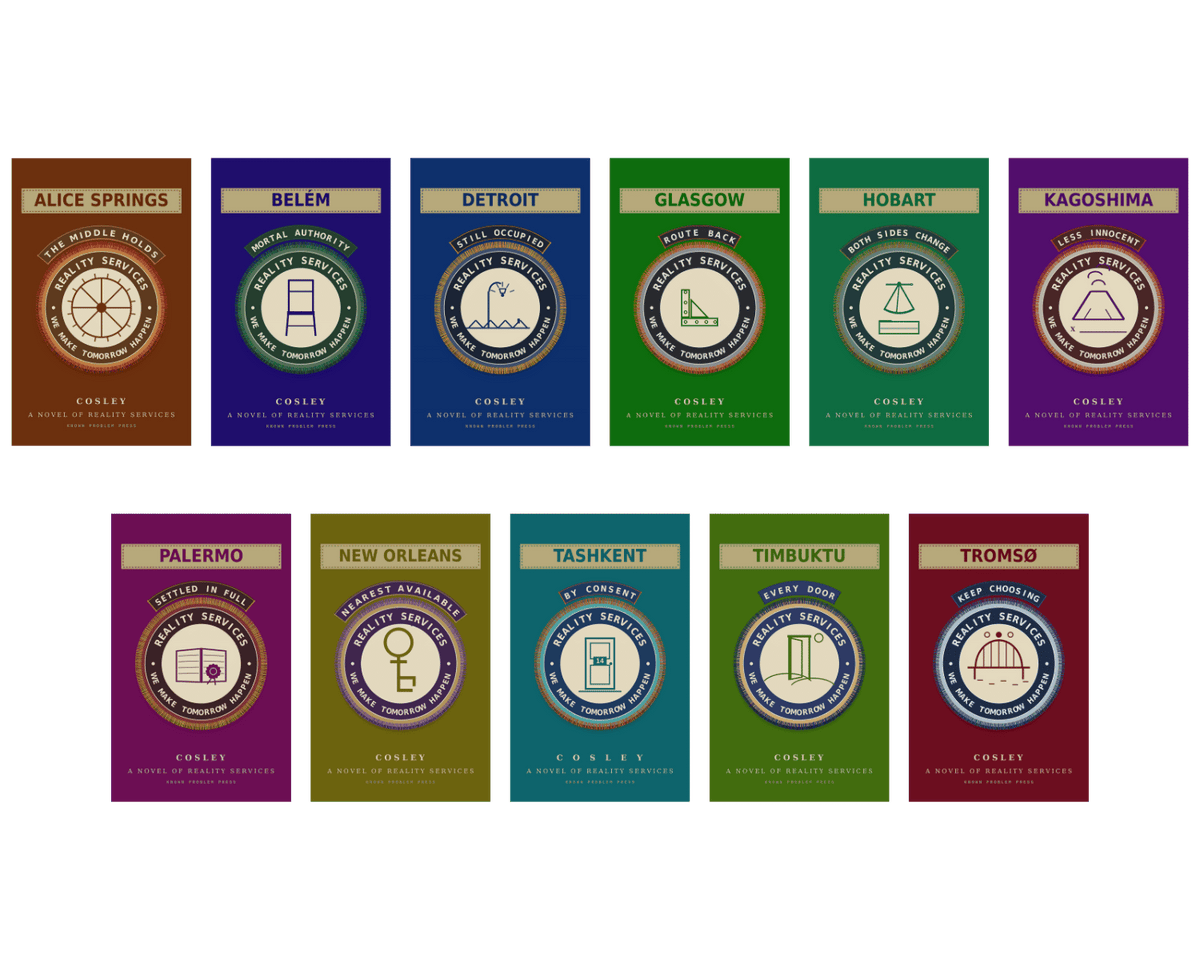 A set of 11 book covers in two rows on a plain white background. Each cover is a book in the Reality Services series by Cosley and has a different vibrant color and features a circular emblem with a city name and a small icon representing that location, such as Alice Springs, Belem, Detroit, Glasgow, Hobart, Kagoshima, Palermo, New Orleans, Tashkent, Timbuktu, and Tromso.