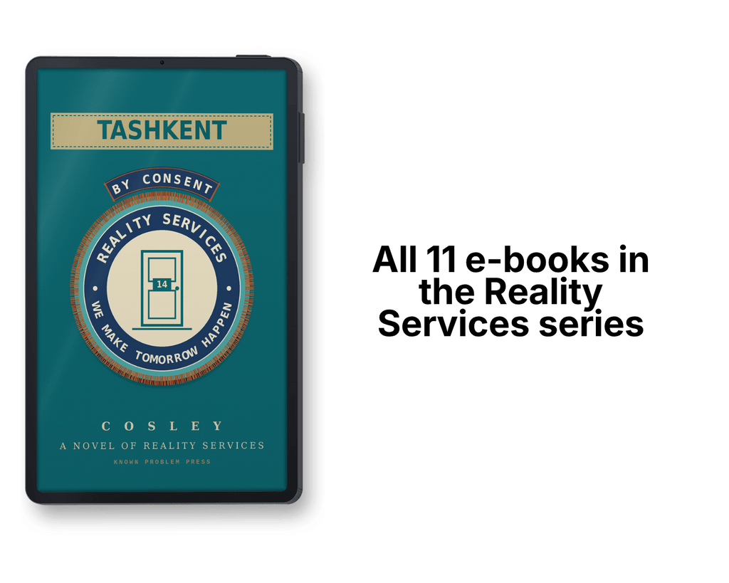 A digital book cover for 'Tashkent' by Cosley, part of the Reality Services series, shown on a black device mockup against a white background with text reading 'All 11 e-books in the Reality Services series'.