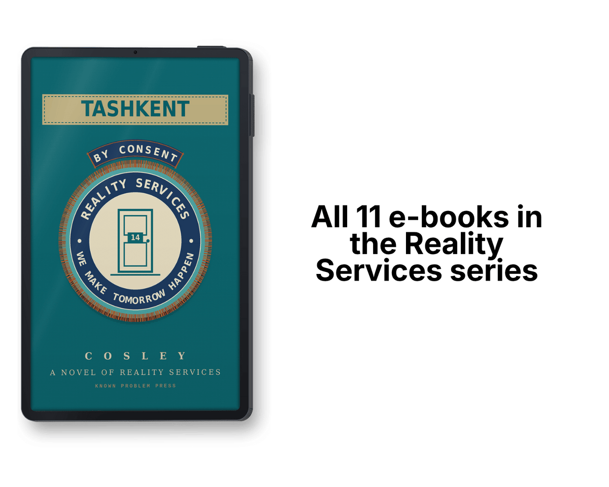 A digital book cover for 'Tashkent' by Cosley, part of the Reality Services series, shown on a black device mockup against a white background with text reading 'All 11 e-books in the Reality Services series'.