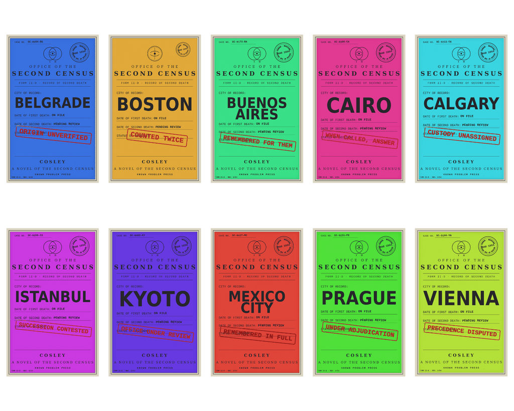 A set of ten colorful book covers arranged in two rows on a white background. The covers feature vintage-style travel postcard designs with different city names: Belgrade, Boston, Buenos Aires, Cairo, Calgary, Istanbul, Kyoto, Mexico City, Prague, and Vienna, all by Cosley, all part of the Second Census series