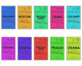 A set of ten colorful book covers arranged in two rows on a white background. The covers feature vintage-style travel postcard designs with different city names: Belgrade, Boston, Buenos Aires, Cairo, Calgary, Istanbul, Kyoto, Mexico City, Prague, and Vienna, all by Cosley, all part of the Second Census series