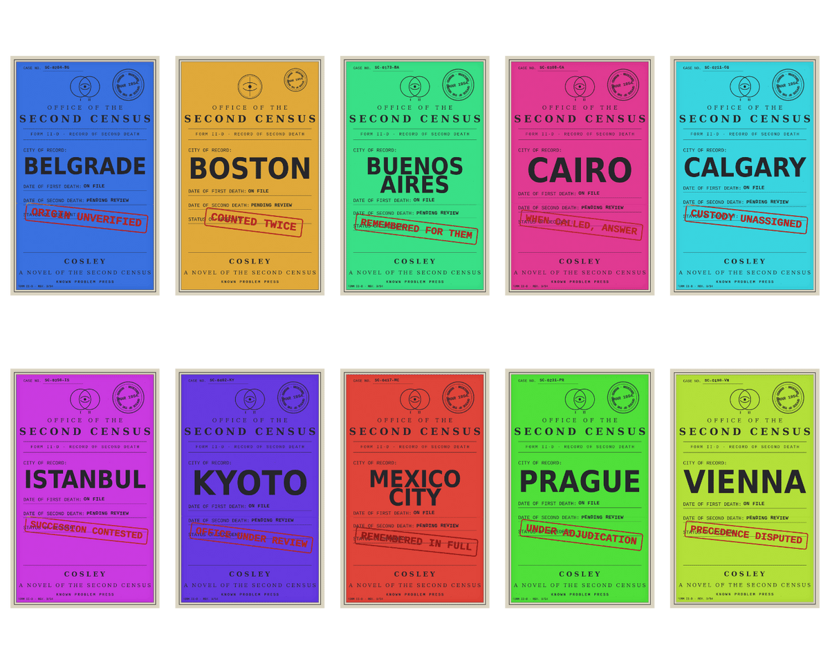 A set of ten colorful book covers arranged in two rows on a white background. The covers feature vintage-style travel postcard designs with different city names: Belgrade, Boston, Buenos Aires, Cairo, Calgary, Istanbul, Kyoto, Mexico City, Prague, and Vienna, all by Cosley, all part of the Second Census series
